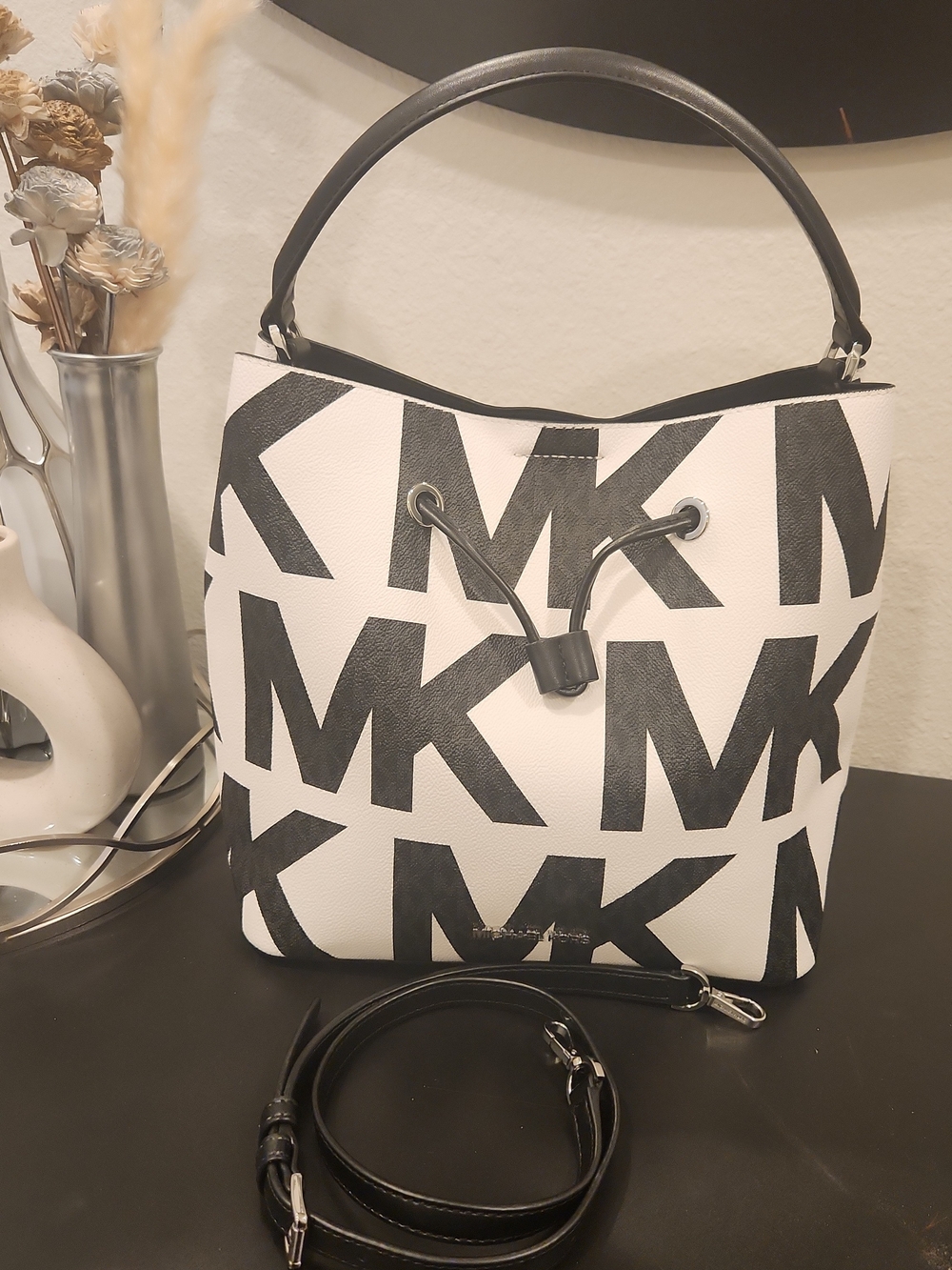 Michael Kors Black & White Logo Drawstring Bucket Bag
